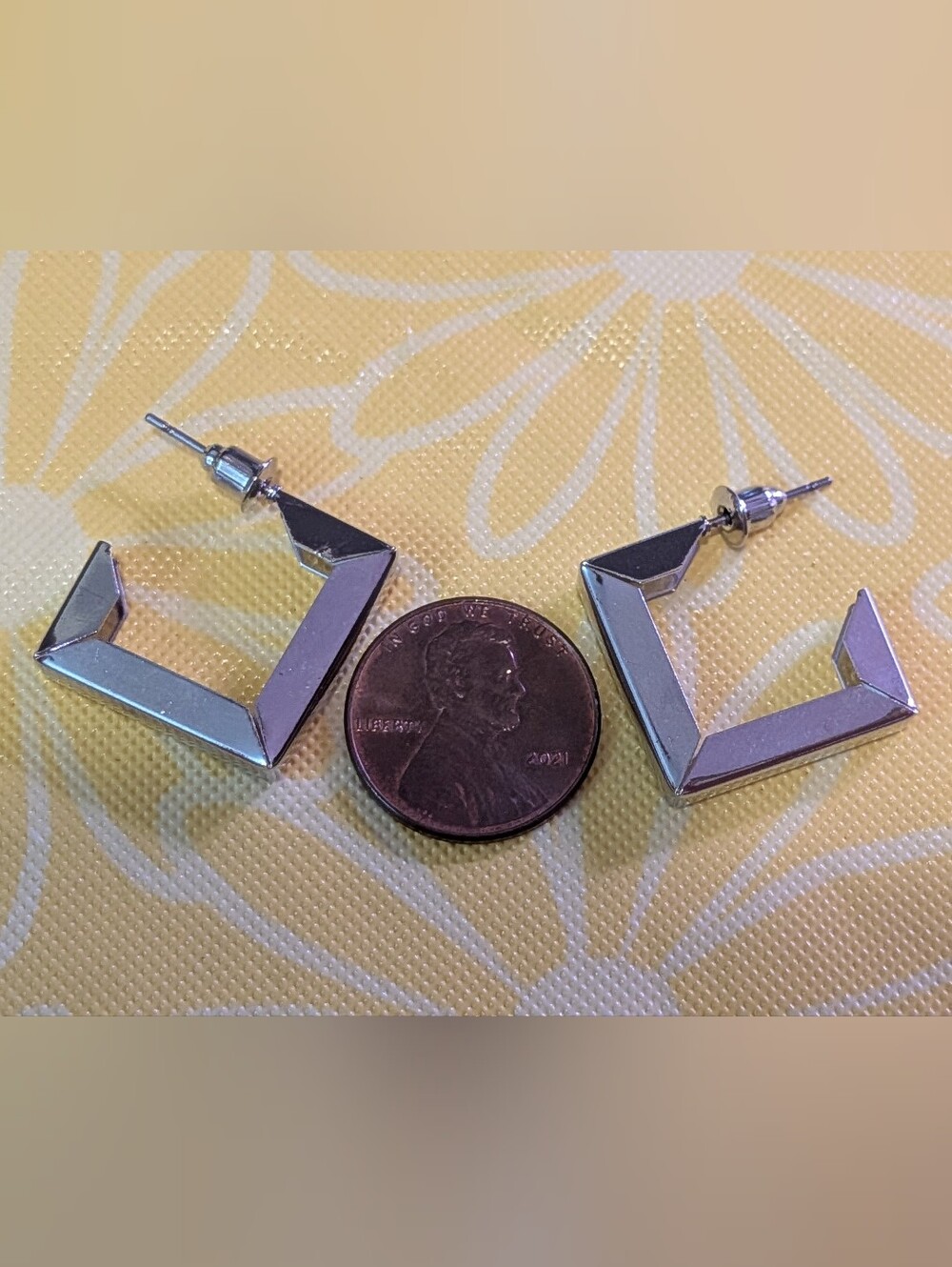 Silver Geometric Square Stud Earrings - Picture 2 of 2